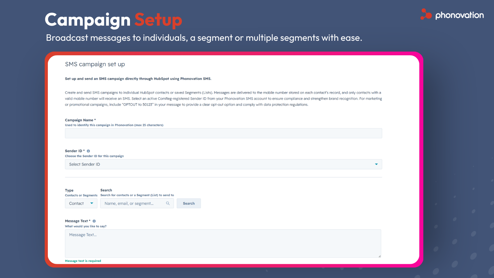 Phonovation SMS campaign setup page in HubSpot
