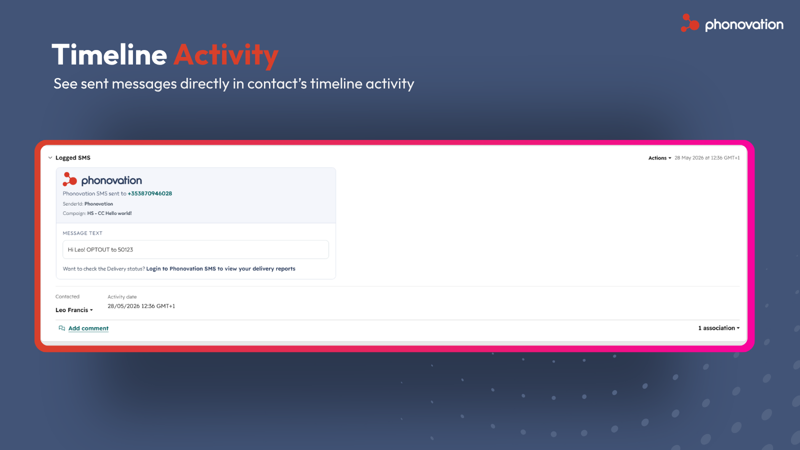 SMS activity logged on a HubSpot contact timeline